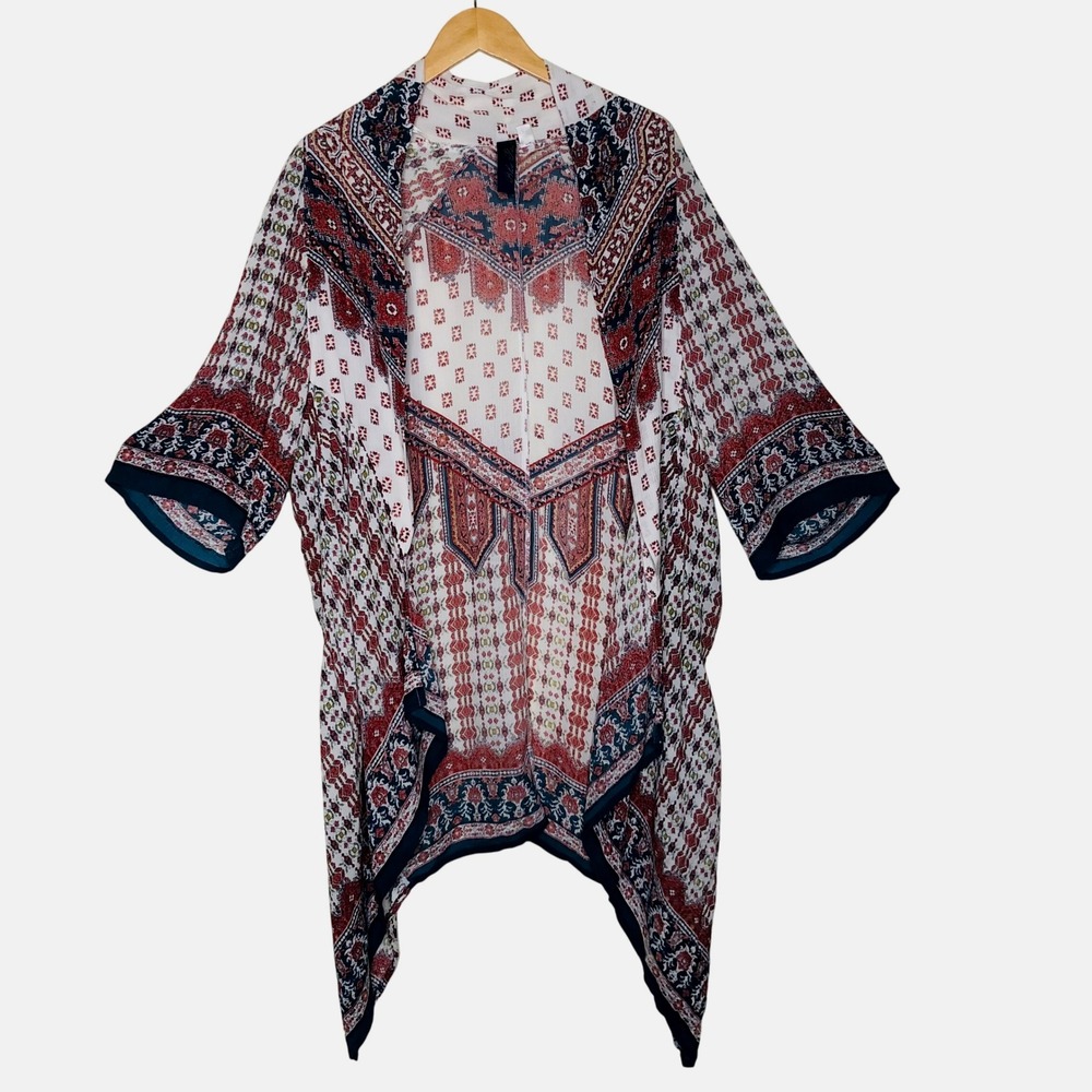 Blue Rain Kimono Medium White Red Blue Print Open Front Bohemian Cover Up